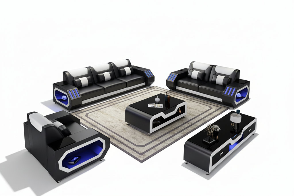 Omont Leather Sofa Set with LED Light - Blank Background 1