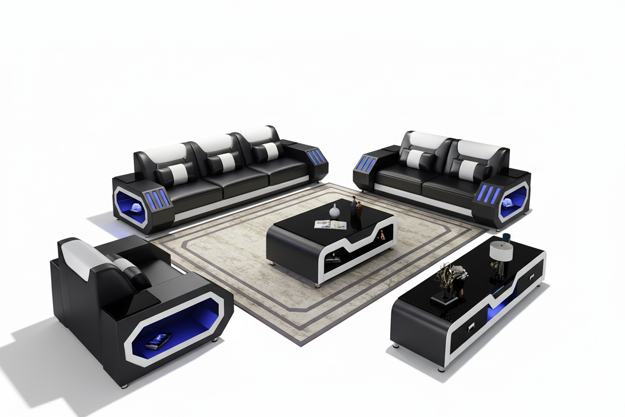 Omont Leather Sofa Set with LED Light - Blank Background 1