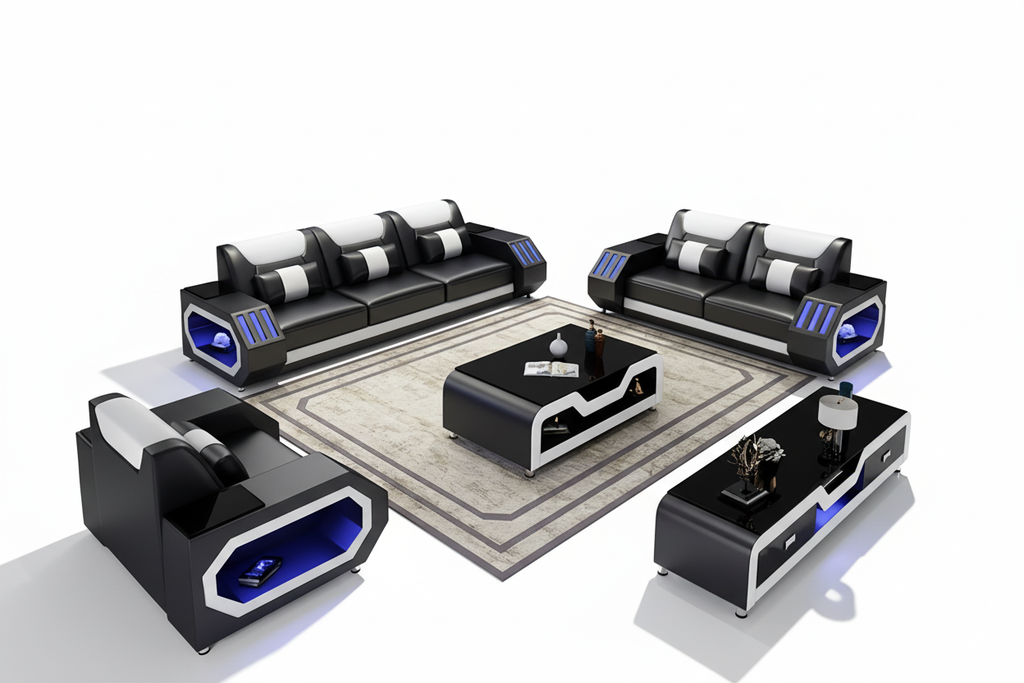 Omont Leather Sofa Set with LED Light - Blank Background 1