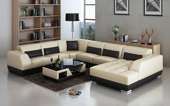 Amanda Modern U-Shape Leather Sectional with Tufted Chaise